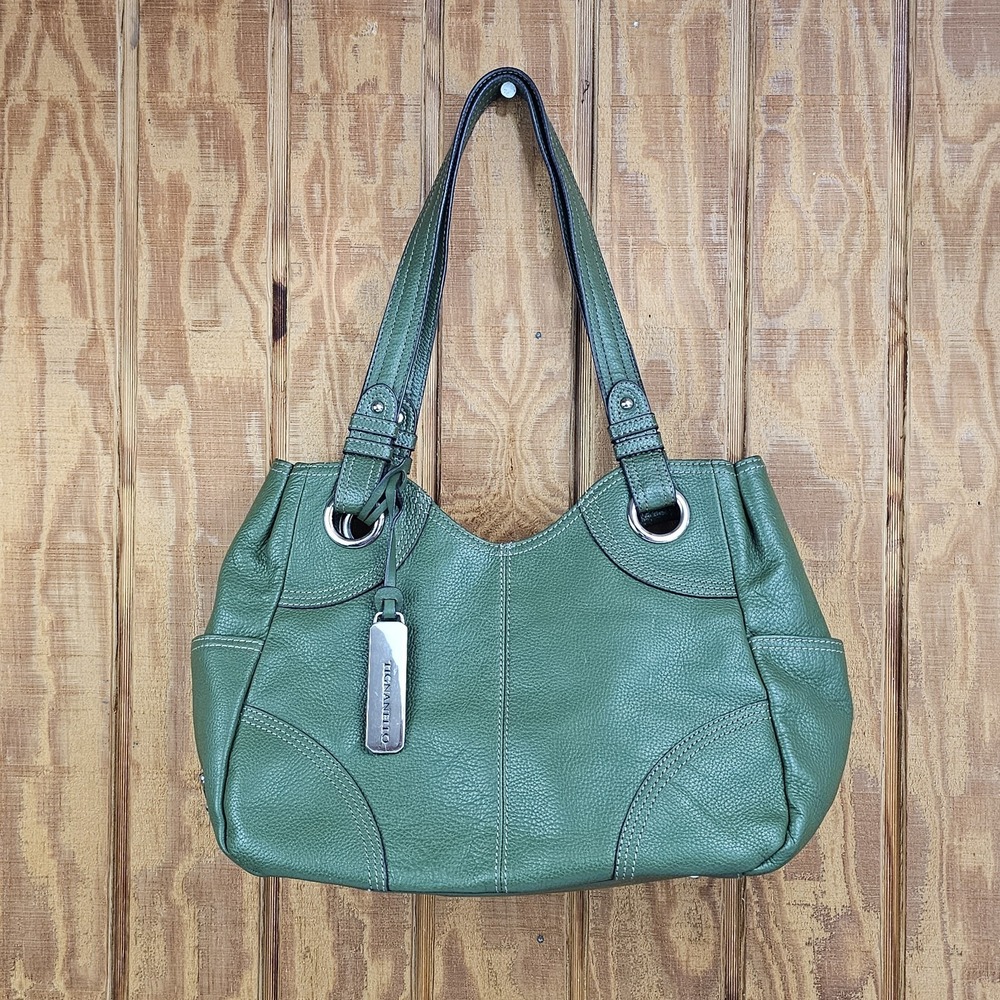 Tignanello Pebbled Leather Green Shoulder Bag Purse Satchel Multi Pocket